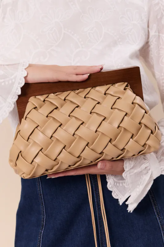 Adorne Vivienne Weave Timber Frame Clutch Camel