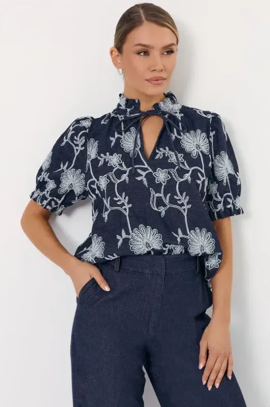 Adorne Sandra Embroidered Denim Top AJD2045DENI