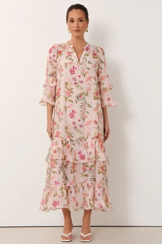 Adorne Larissa Frill 3/4 Sleeve Dress  AJD2118PRIN