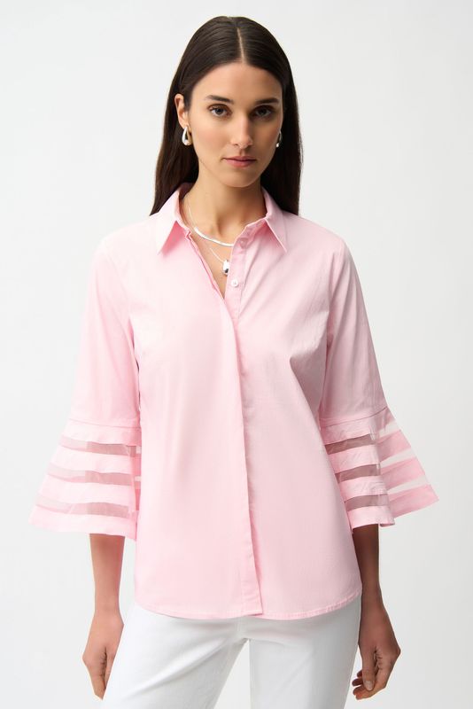 Joseph Ribkoff Stretch Poplin Straight Blouse with Organza Bell Sleeves 261933