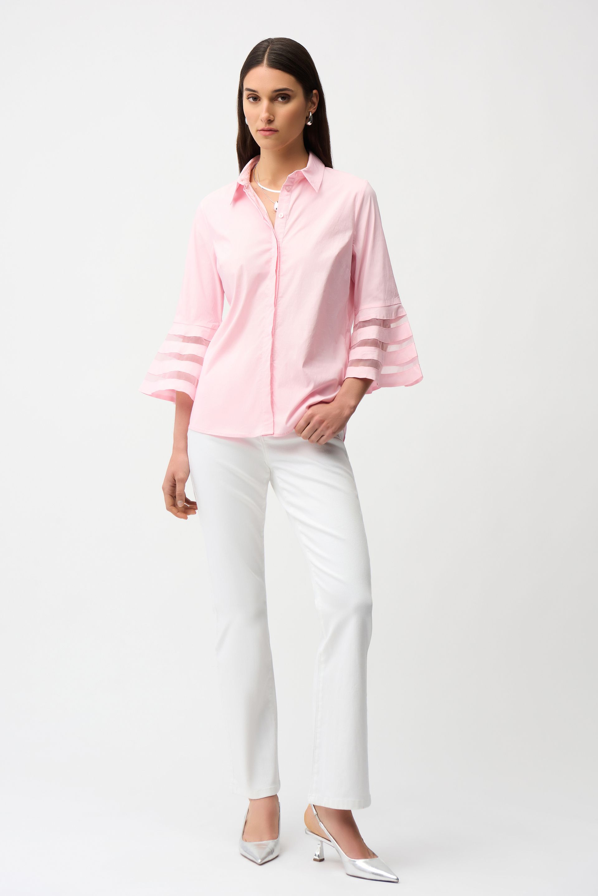 Joseph Ribkoff Stretch Poplin Straight Blouse with Organza Bell Sleeves 261933
