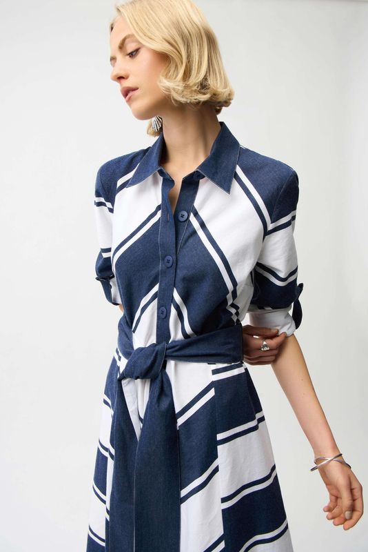 Joseph Ribkoff Cotton Stripe Print Fit and Flare Shirt Dress with Reversible Sash 261936 Joseph Ribkoff Cotton Stripe Print Fit and Flare Shirt Dress with Reversible Sash 261936