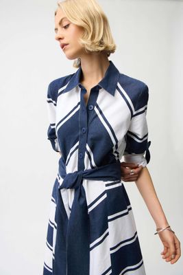 Joseph Ribkoff Cotton Stripe Print Fit and Flare Shirt Dress with Reversible Sash 261936