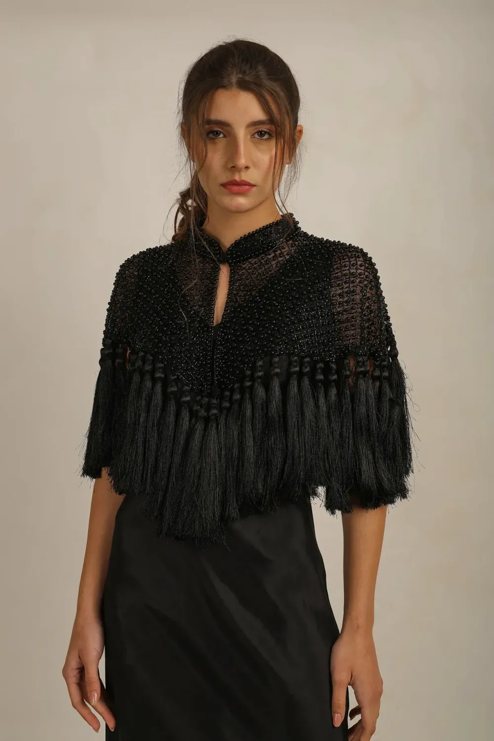 Anannasa Zaza Beaded Tassel Cape - Black