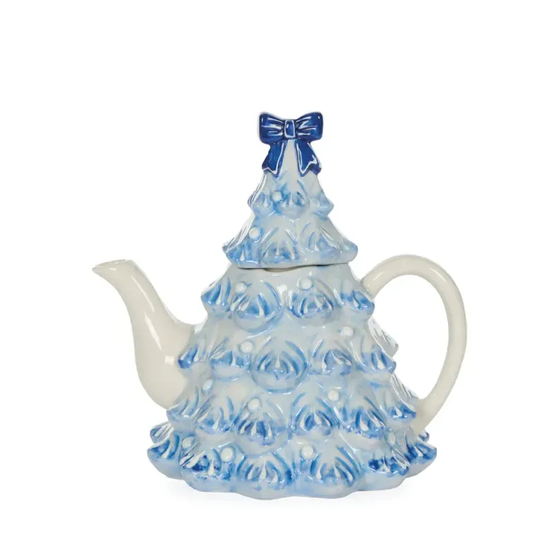 Holly and Ivy Ceramic Blue and White Teapot