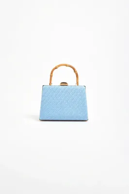 Adorne Bamboo Handle Woven Bag Blue