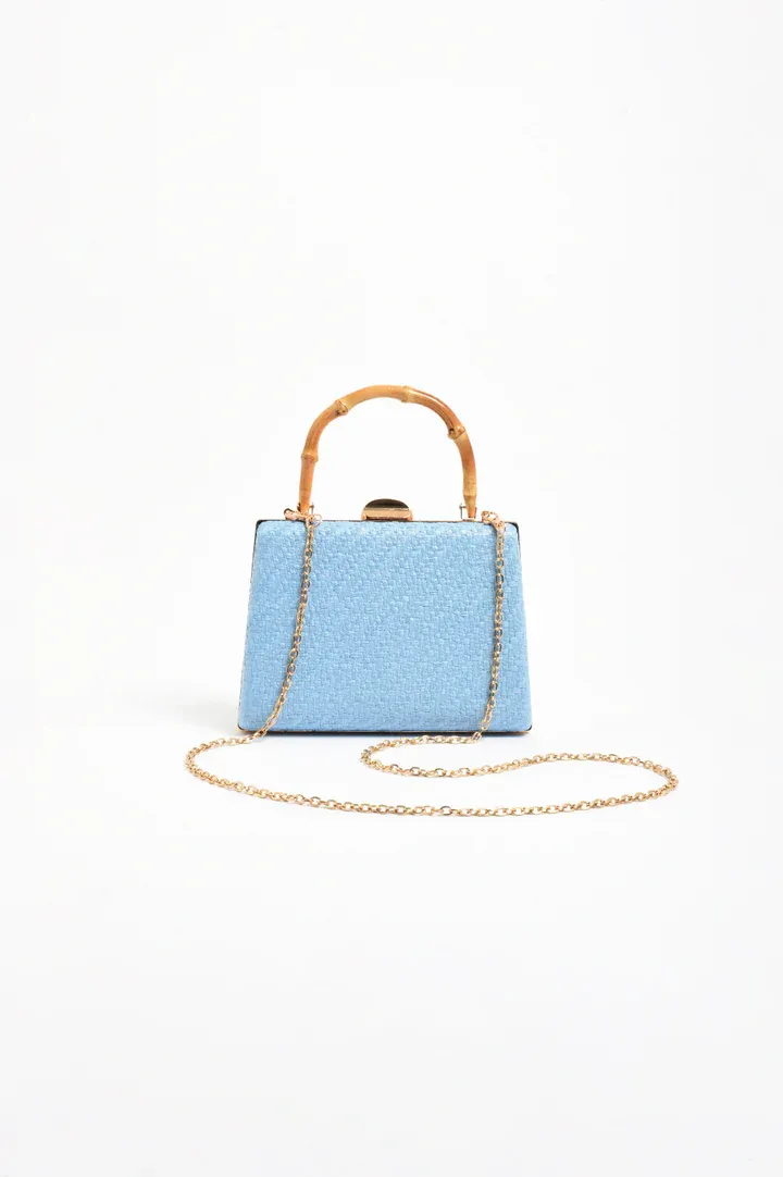 Adorne Bamboo Handle Woven Bag Blue