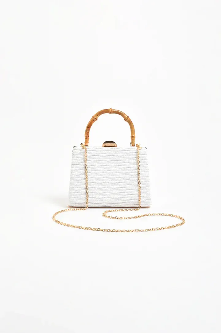 Adorne Bamboo Handle Woven Bag White
