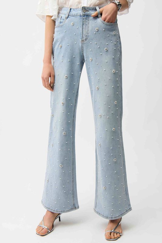 Joseph Ribkoff Wide Leg Jeans With Pearl and Rhinestones 261960
