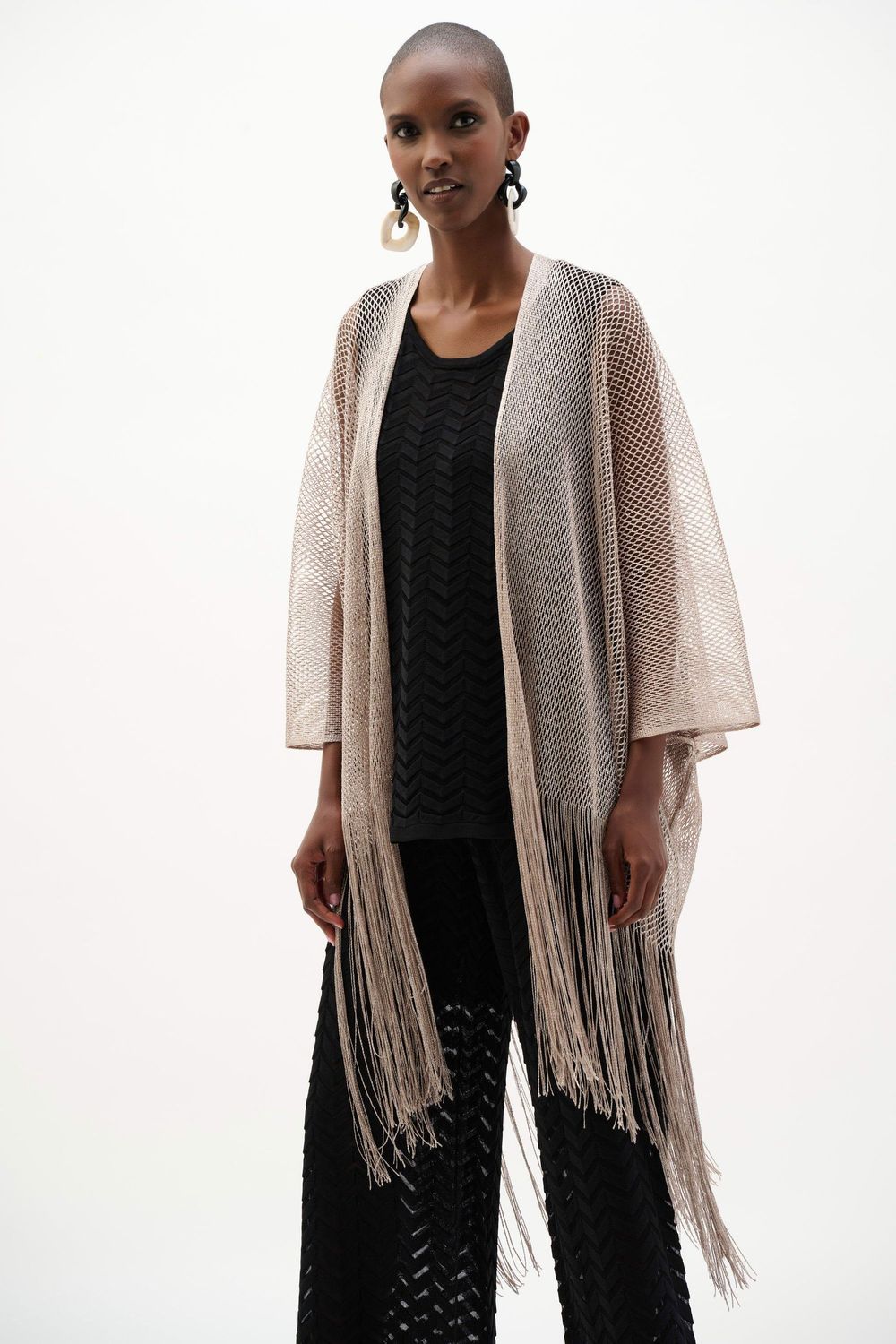 Joseph Ribkoff Woven Open Stitch Draped Cover-Up With Fringe 262973