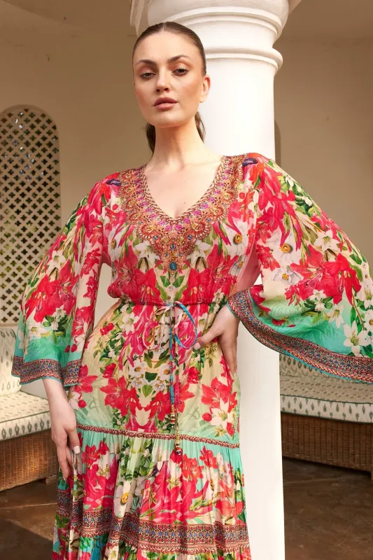 Czarina Blue blossom v neck tier maxi dress