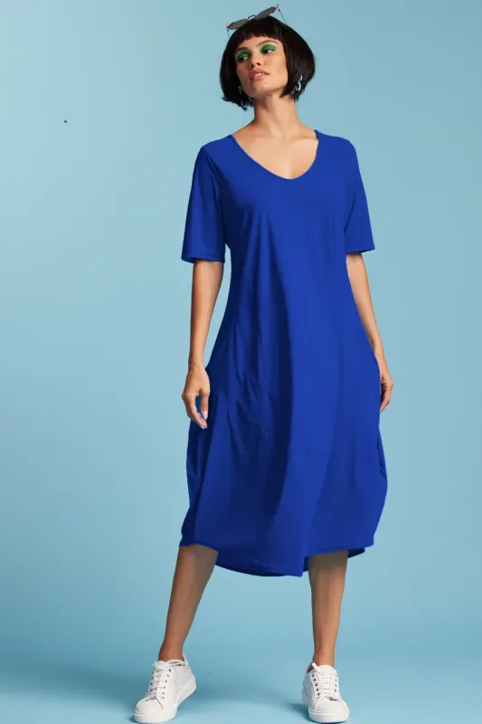 Paula Ryan Scoop V 1/2 Sleeve Tulip Dress Greek Blue 8697