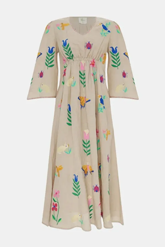 Nimo With Love Apple Dress Mexican Style Embroidery Beige