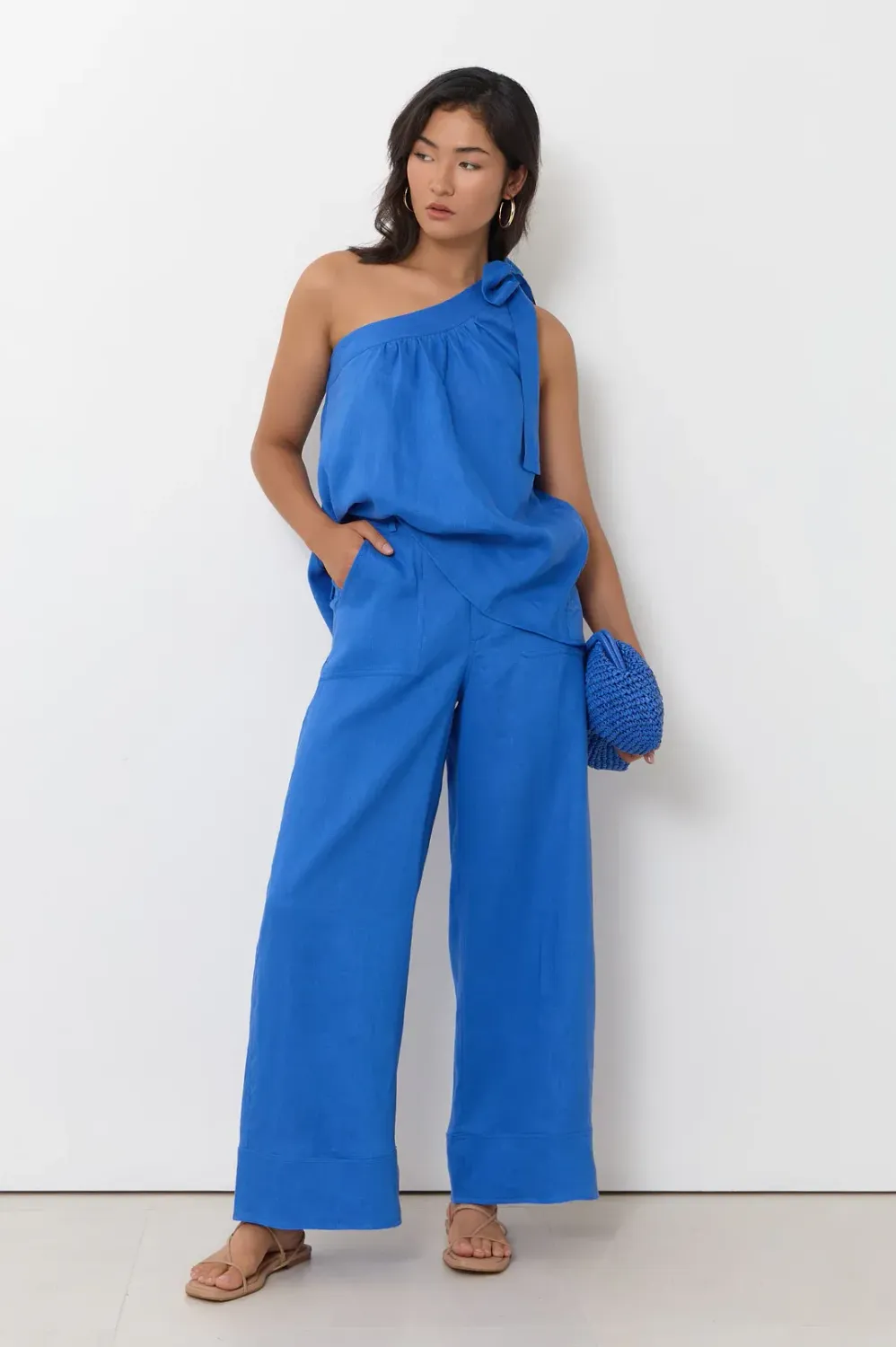 Adorne Avalon Wide Leg Linen Pant Blue
