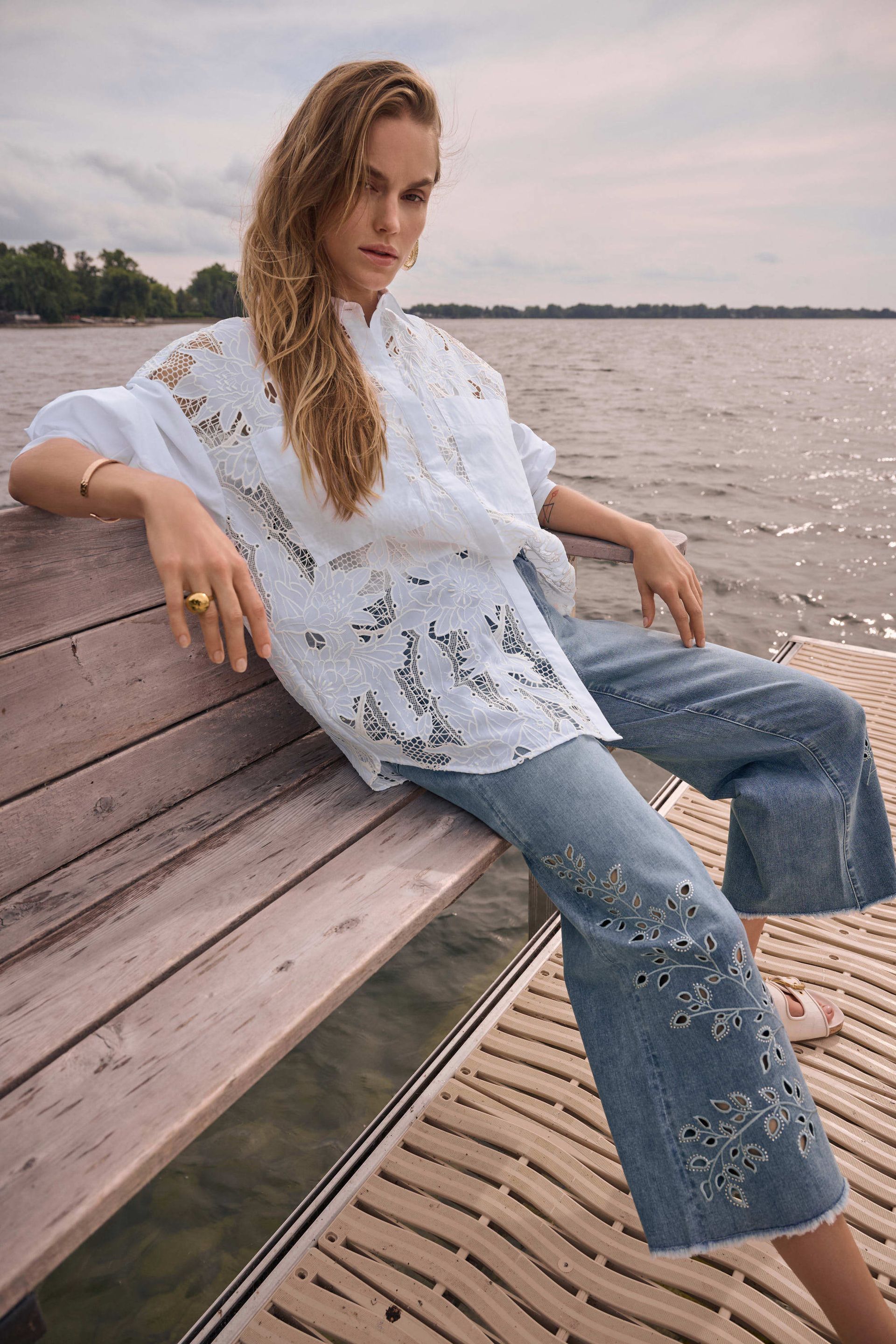 Joseph Ribkoff Cotton Lace Boxy Blouse With Embroidery 262952
