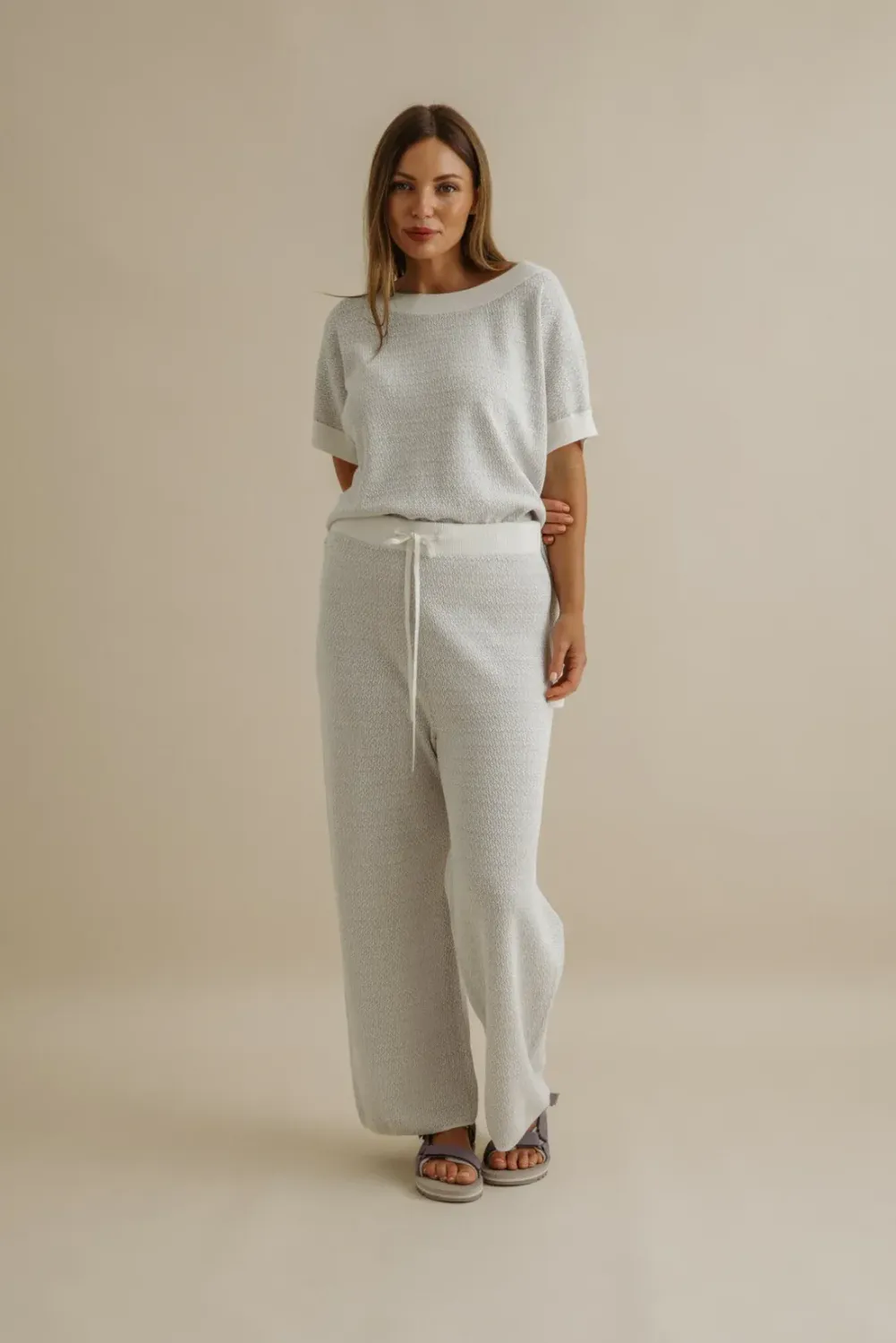 Talamaya Crepe knitted Pant Milk/Silver Haze 9SKF078