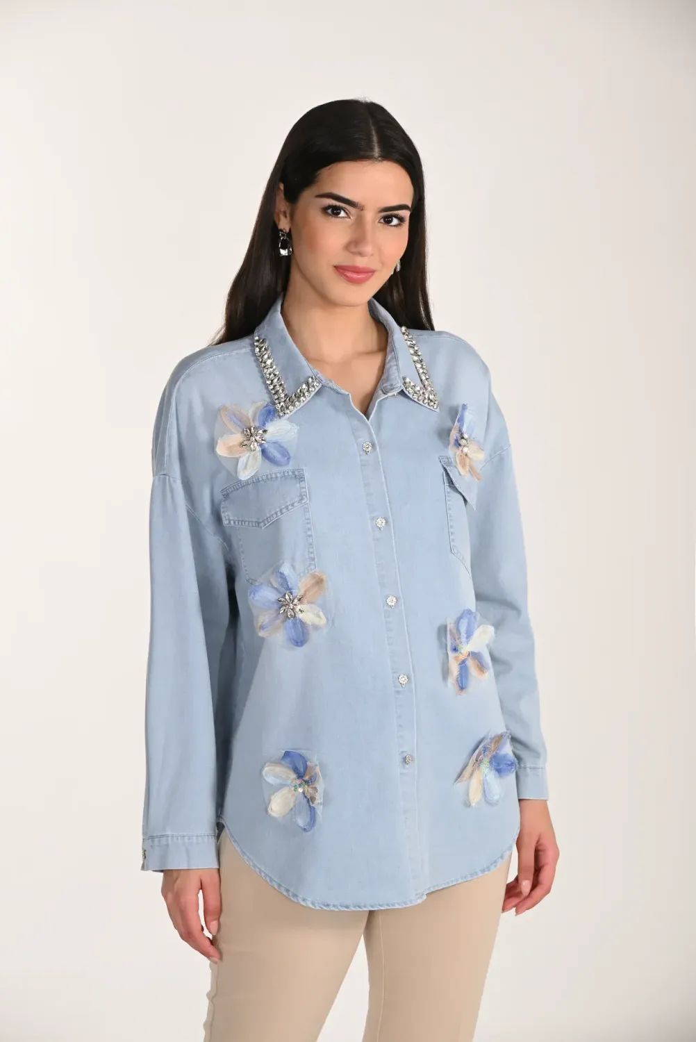 Frank Lyman Light Denim Embellished Blouse 266582