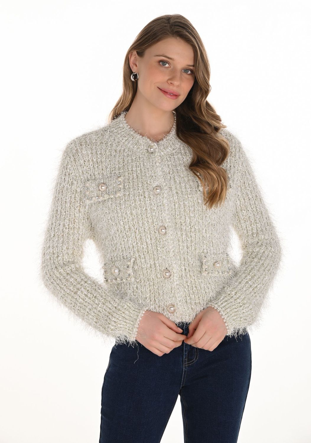 Frank Lyman Pearl Embellished Cardigan Ivory/Gold 254929