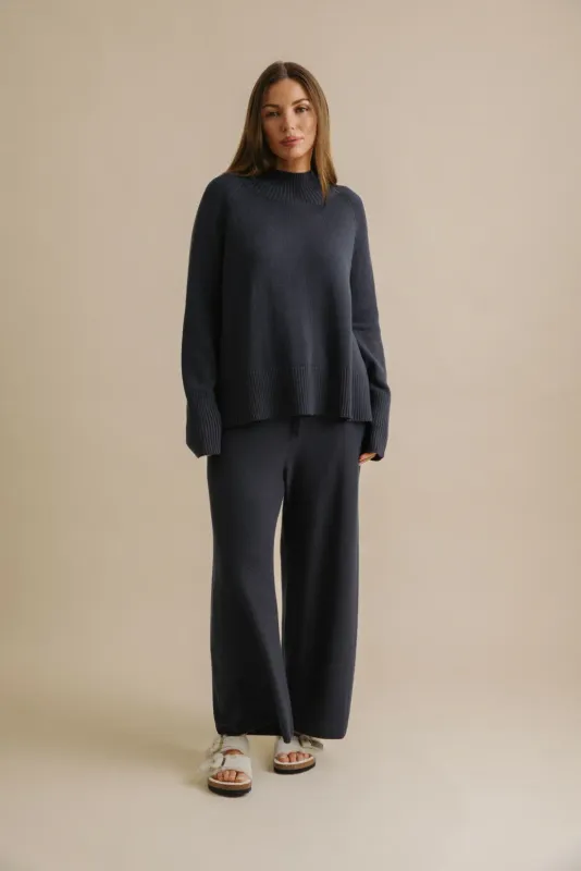 Talamaya Harmony Merino Cotton Mock Neck pullover Lake TAWO014