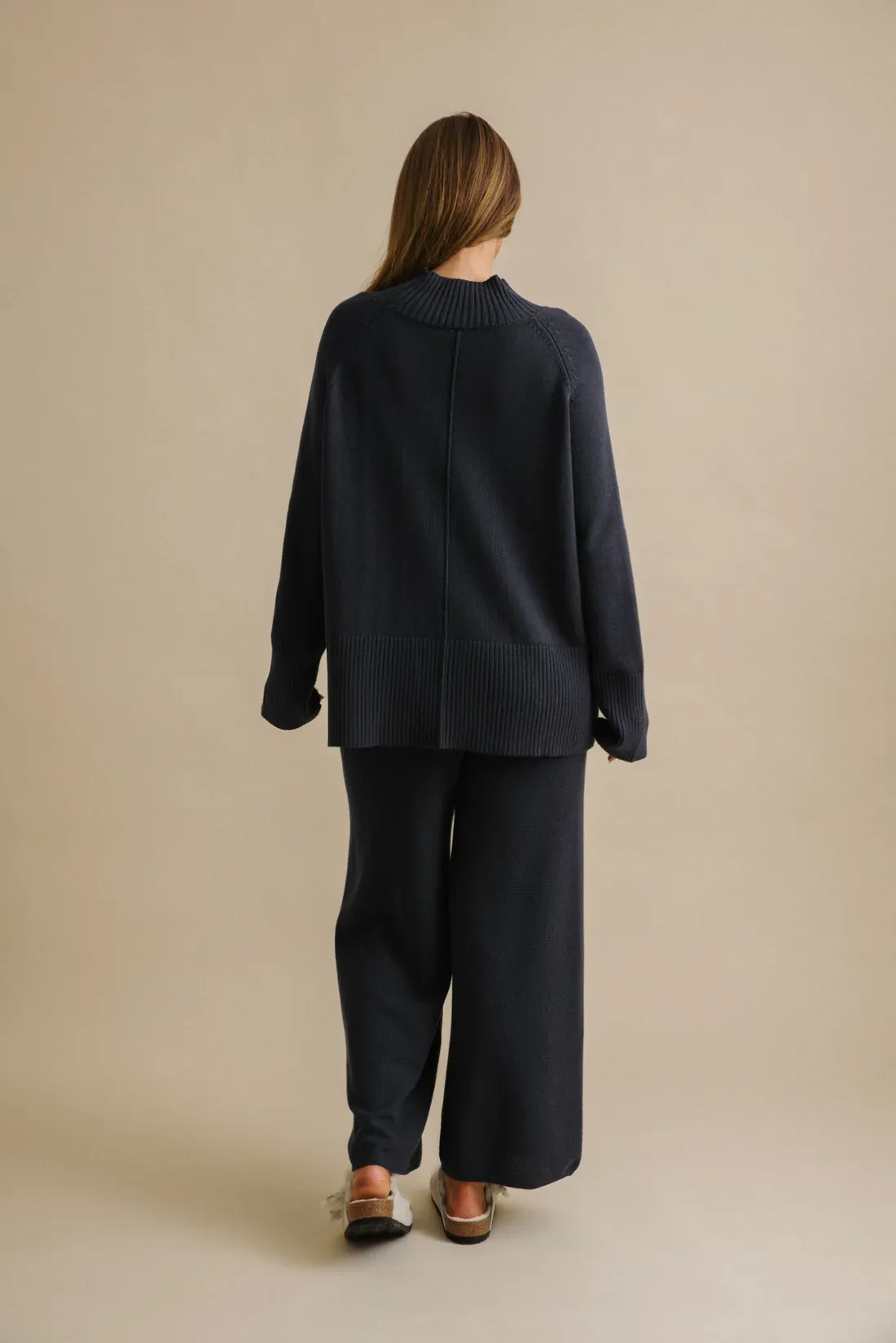 Talamaya Harmony Merino Cotton Mock Neck pullover Lake TAWO014