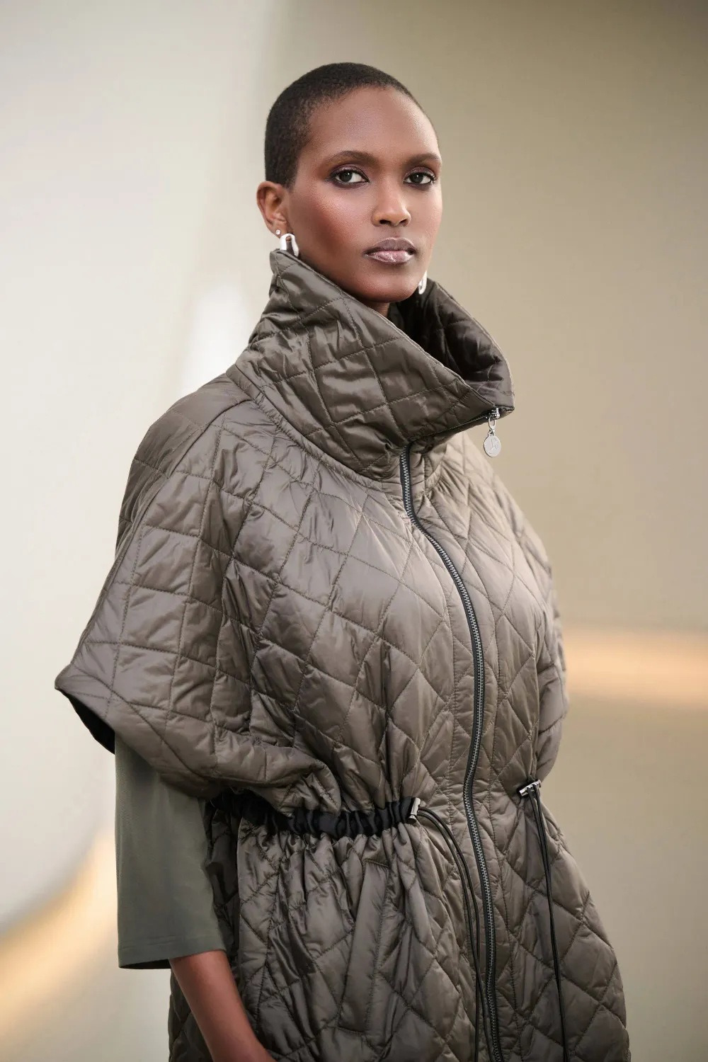 Joseph Ribkoff   Quilted Nylon Shawl Neck Boxy Vest 263643