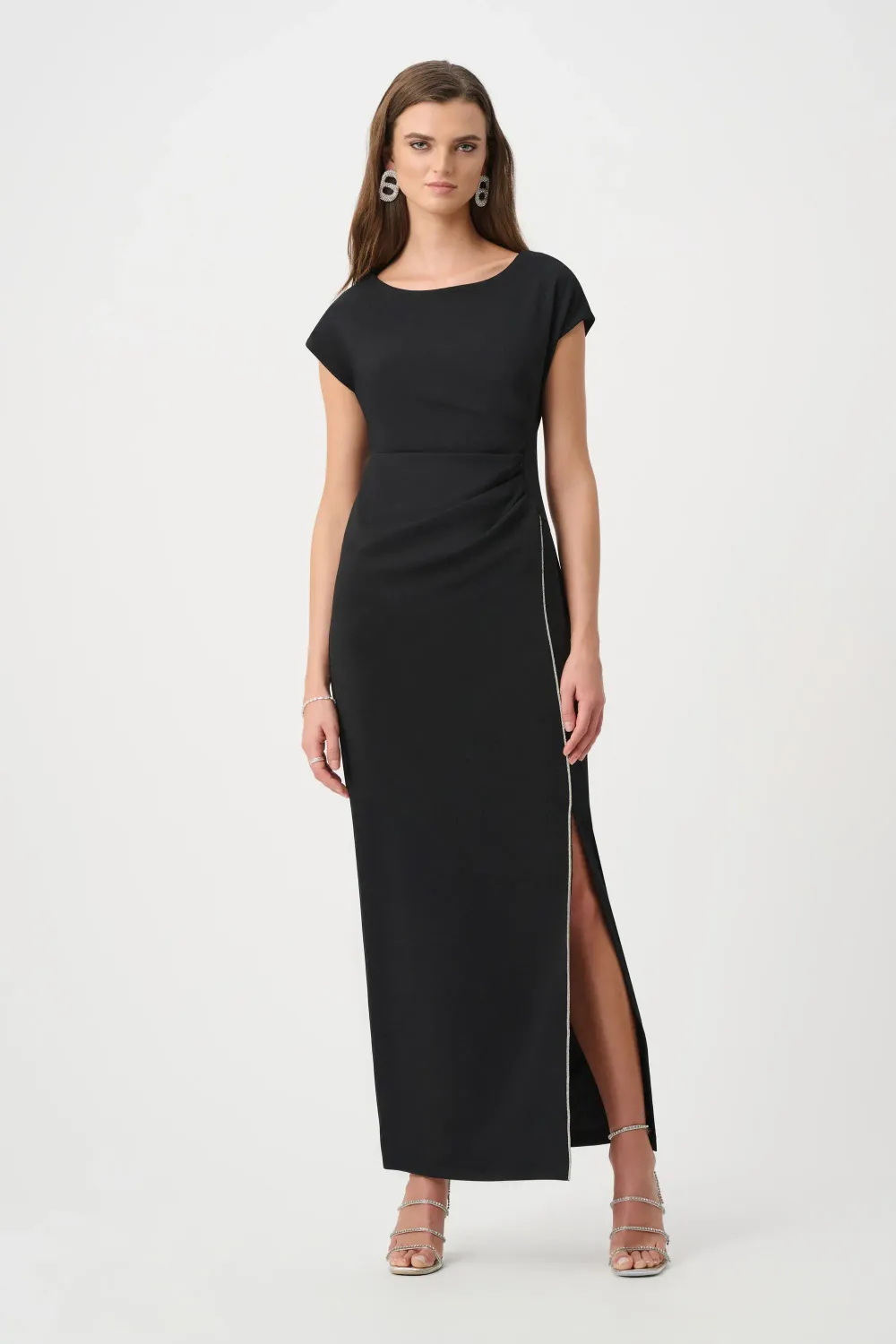 Joseph Ribkoff Signature Scuba Crepe Sheath Gown With Rhinestones Piping 261713F26