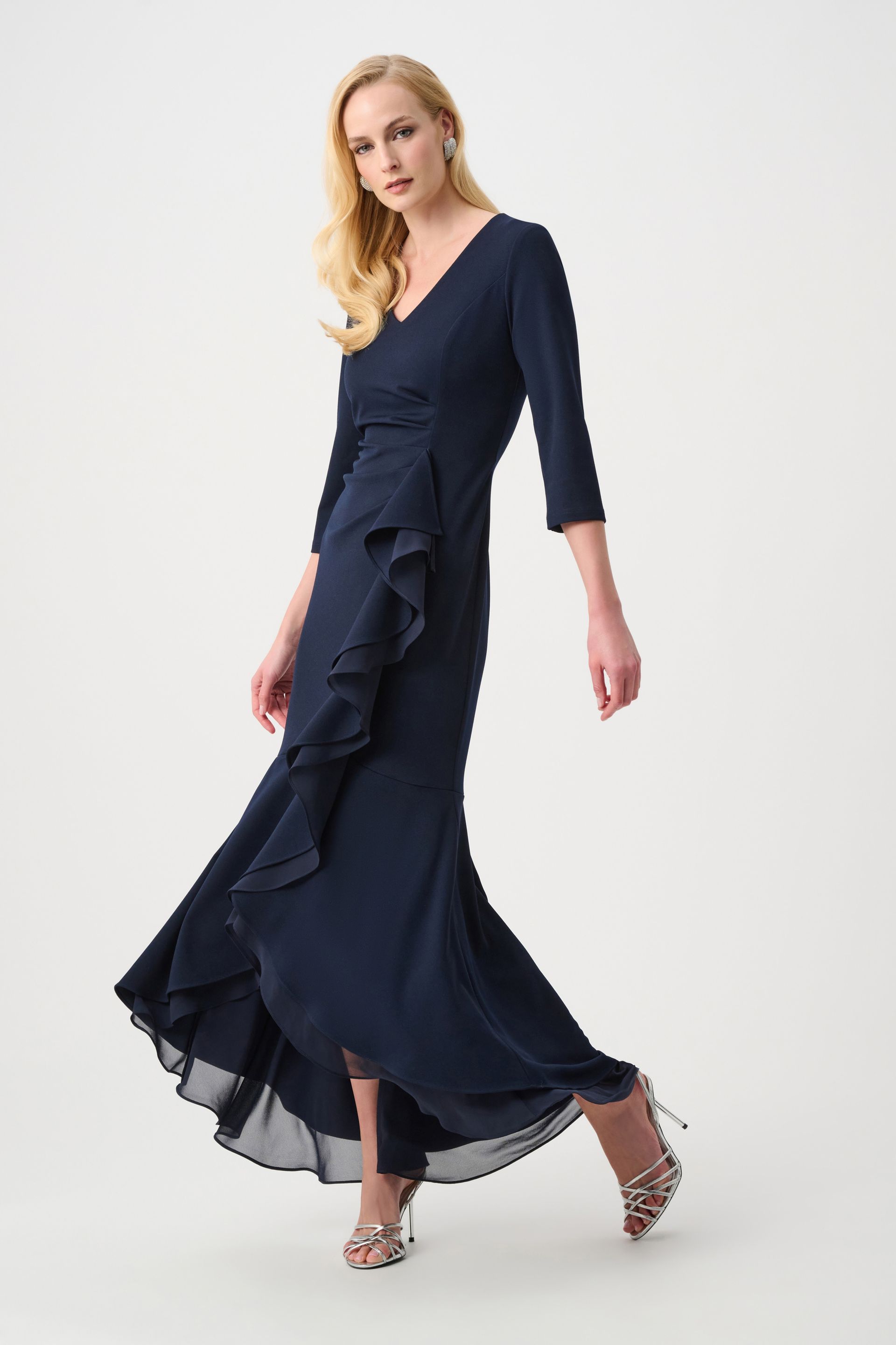 Joseph Ribkoff Scuba Crepe & Chiffon Ruffled Trumpet Gown 263741