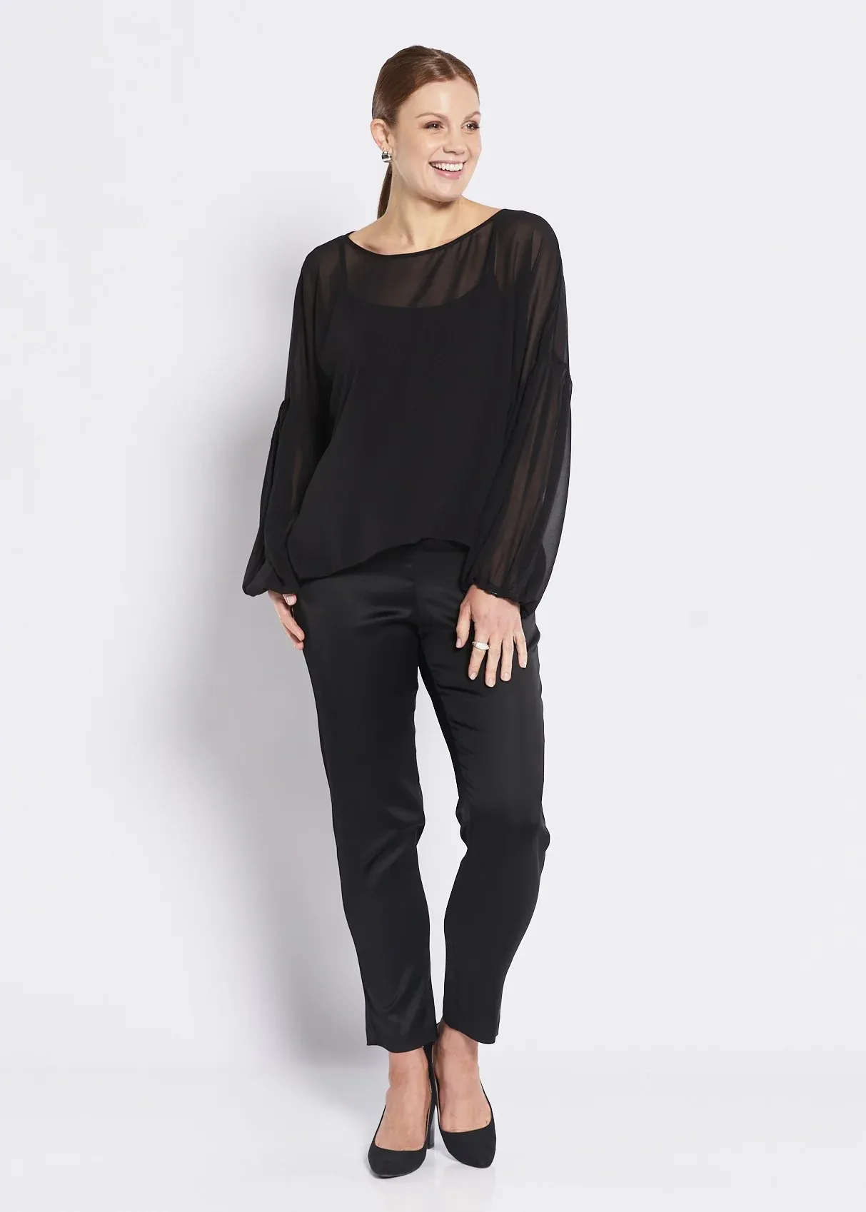 Philosophy Madonna Black Satin Stretch Side Zip Straight Pant in Black