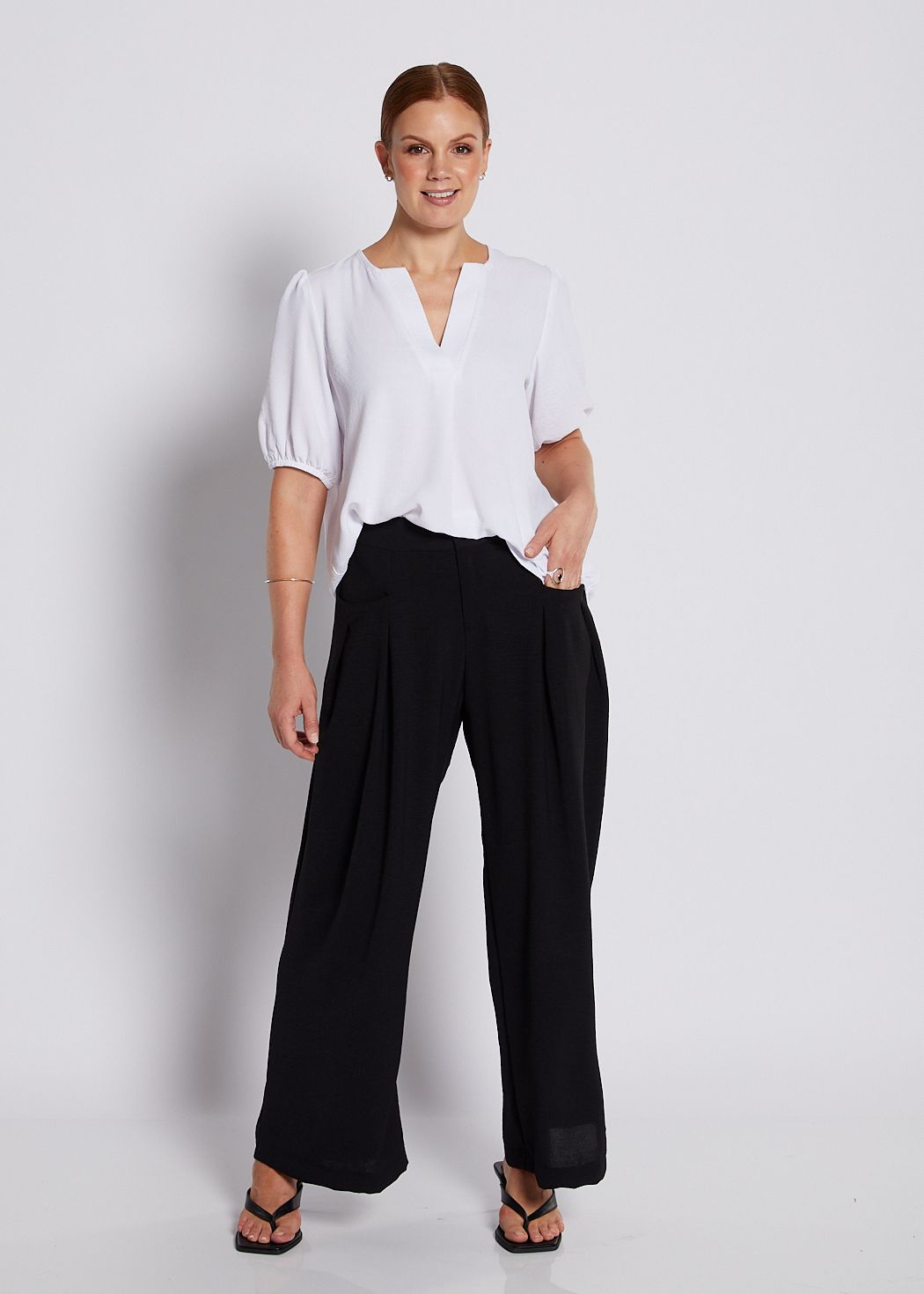 Philosophy Huckle Crepe Notch Neck Short Sleeve Blouse