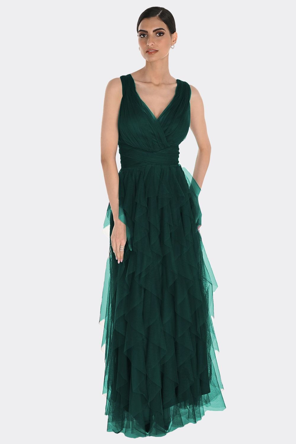 Frank Lyman  V-Neck Tulle Gown with Cascading Ruffles 259722