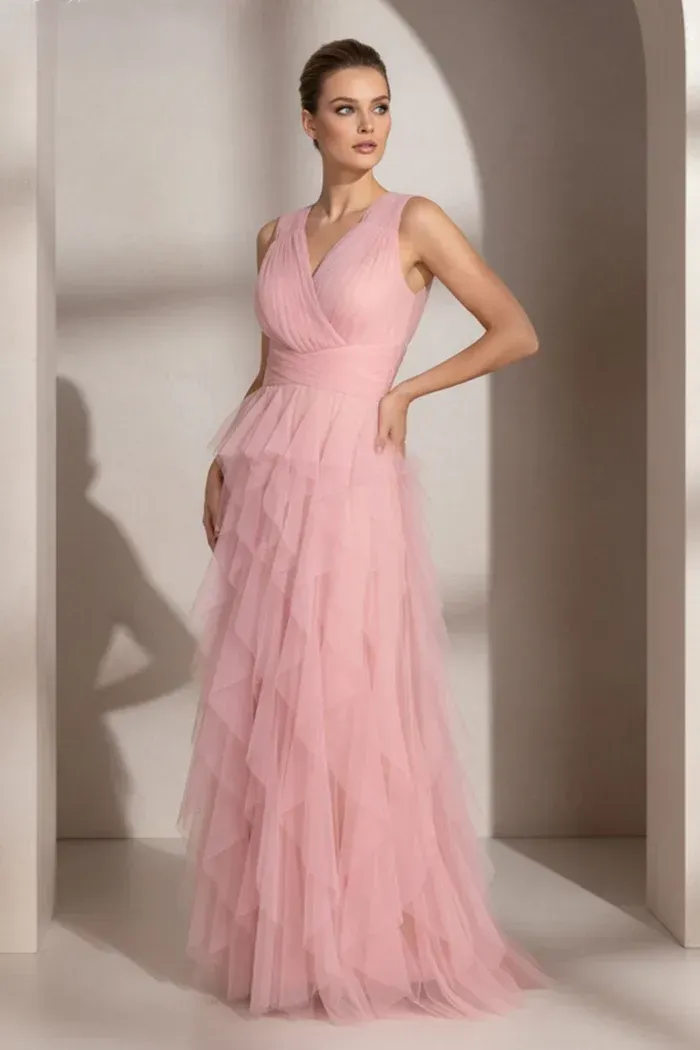 Frank Lyman V-Neck Tulle Dress with Cascading Ruffles 259722 Rose
