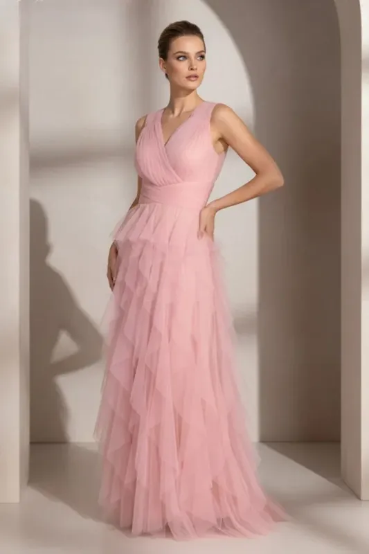 Frank Lyman V-Neck Tulle Dress with Cascading Ruffles 259722 Rose
