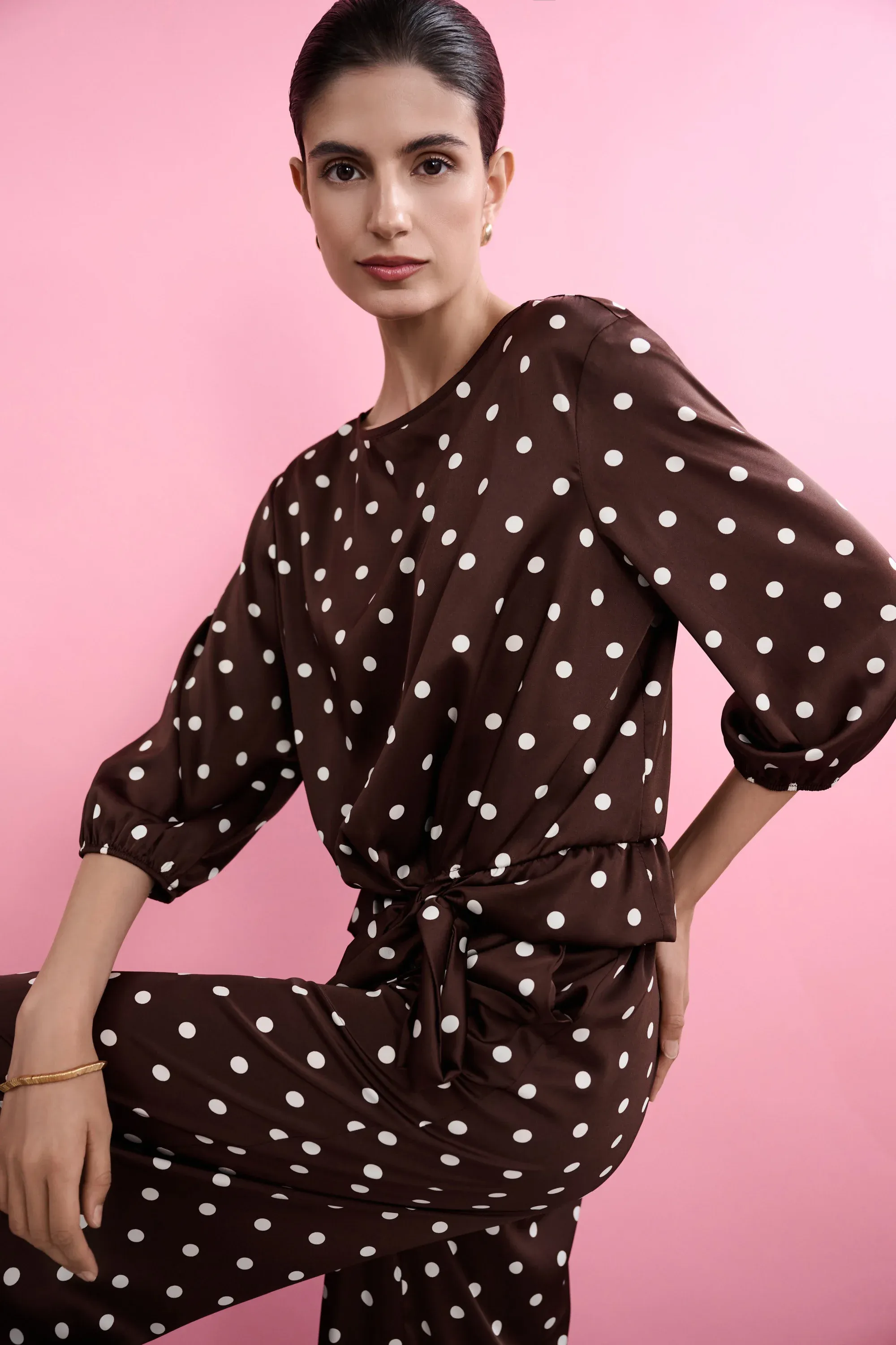 Joseph Ribkoff Satin Dot Print Hip Tie Top 271136