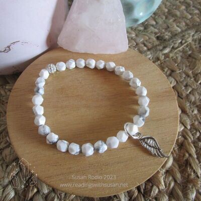 My Angel - White Howlite Calm &amp; Protection Gemstone Bracelet with Silver Angel Wing.