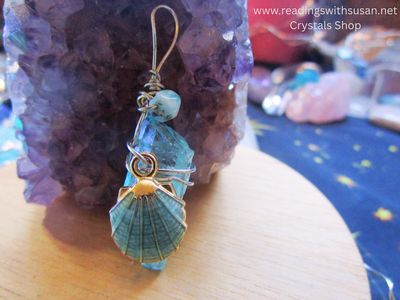 Blue Aura Quartz, Clamshell Charm and Silver Copper Wire Wrapped Pendant