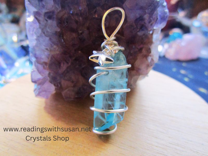 Silver Wire Wrapped Blue Aura Quartz Pendant with Star