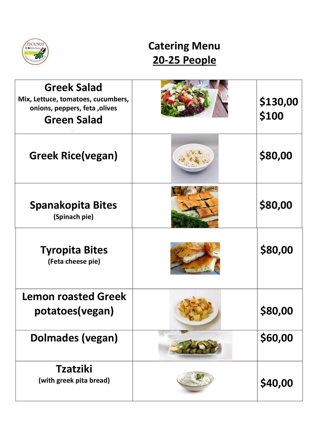 Appetizer Catering Menu for 20 people