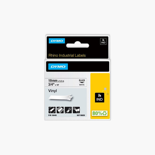 DYMO 18445 Industrial Vinyl Labels 3-4" x 18', Black Print on White