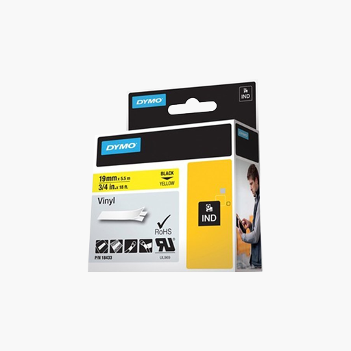 DYMO 18433 Rhino Vinyl Tape 19mm Yellow Black Text