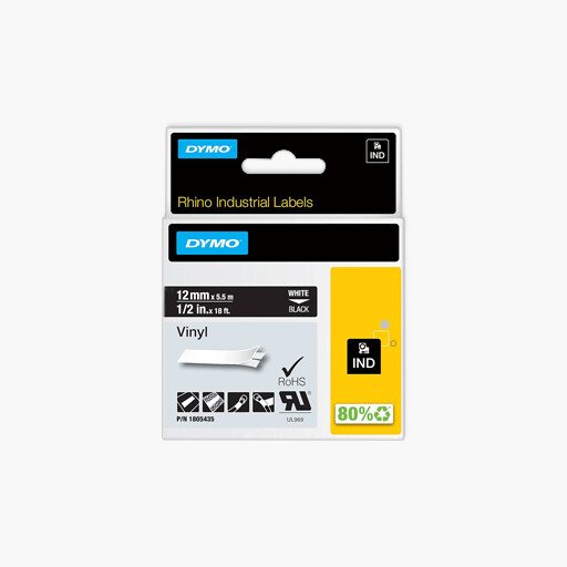 DYMO 1805435 Rhino Black Vinyl Tape, 12mm, white Text