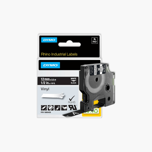 DYMO 1805435 Rhino Black Vinyl Tape, 12mm, white Text