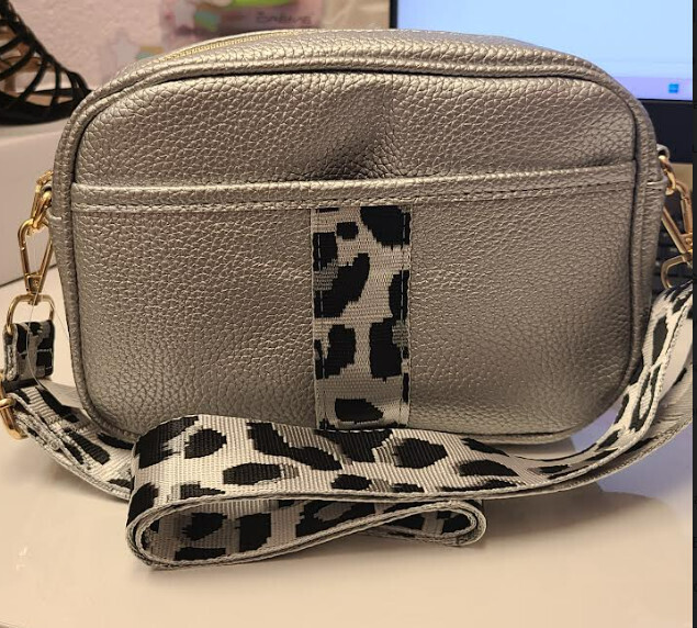 Mini Faux Leather Handbag w/ Cheetah Strap Silver