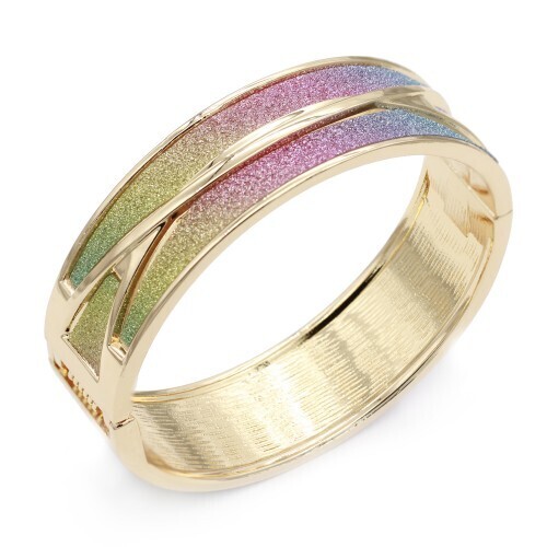 BG5207-MT   Gold Plate w/ Rainbow Glitter Hinged Cuff Bangle