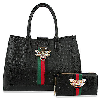 LQ226-1W-BK   Embossed Bee Accented Tote Set   Color:Black