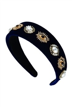 L3641   Evil Eye Rhinestone Pearl Headband   Navy
