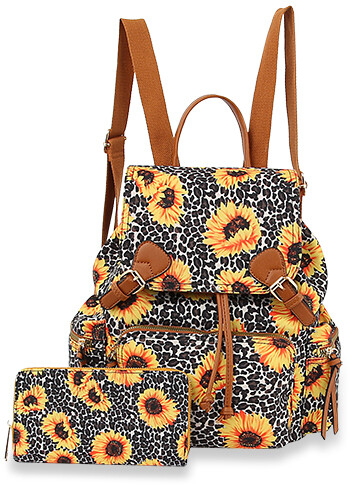 LPR005-1W-4   Leopard Sunflower Print Fashion Backpack Set