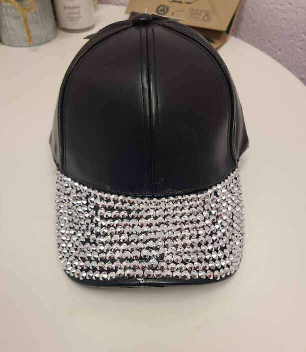 Faux Leather Rhinestone Studded Cap Black