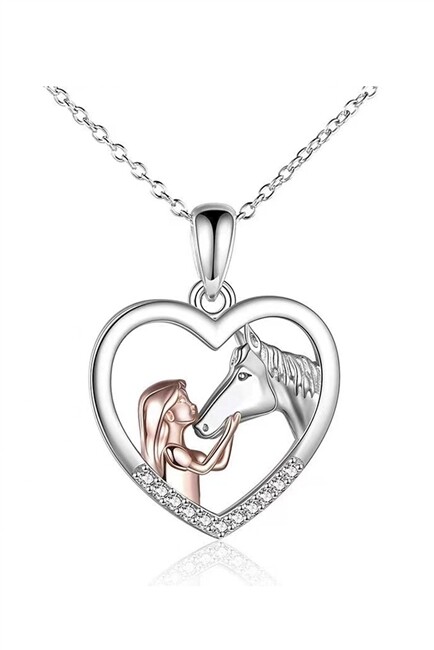 N4575   Girl &amp; Horse Heart 925 SILVER Necklace