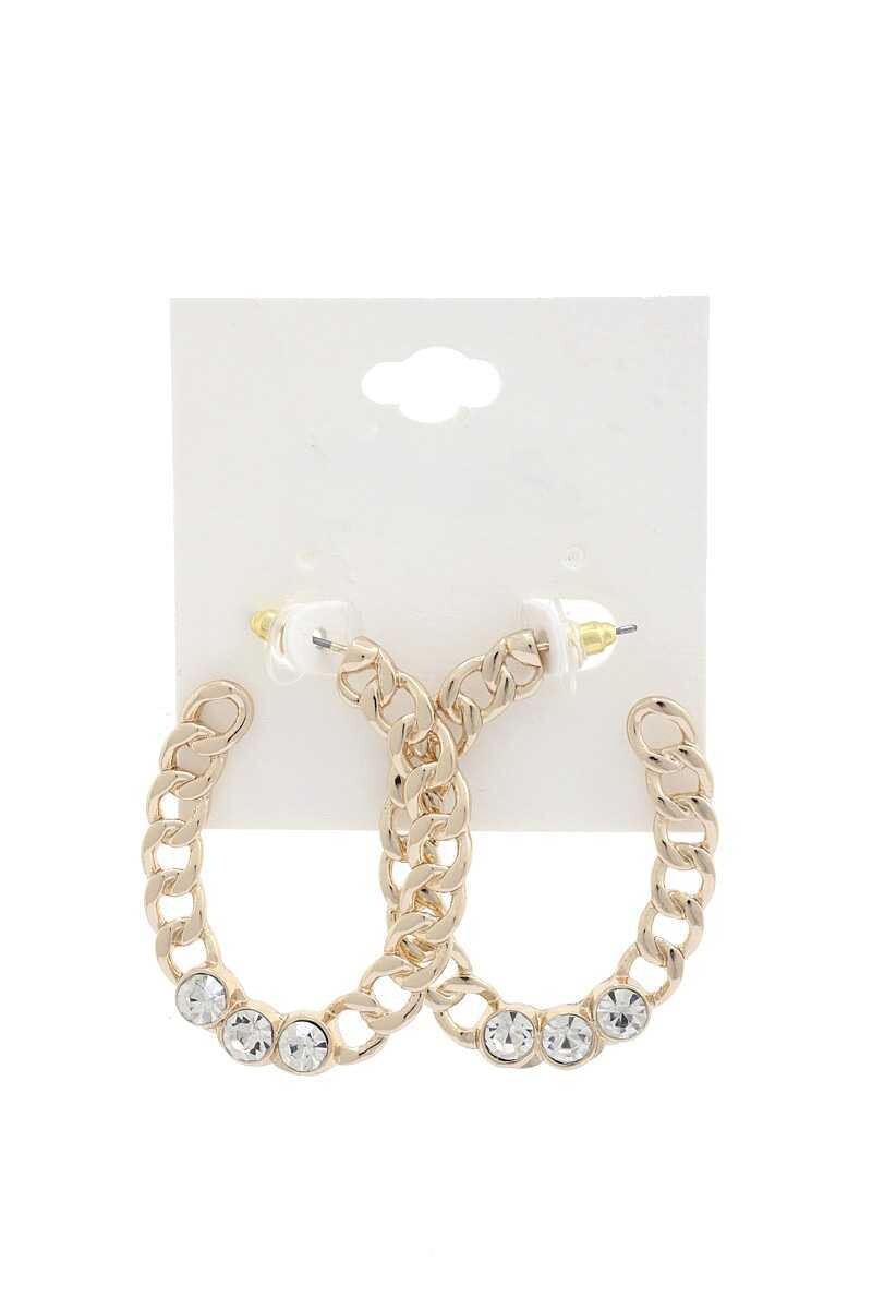 KE-4077   Cuban Link Rhinestone Oval Earrings   Gold