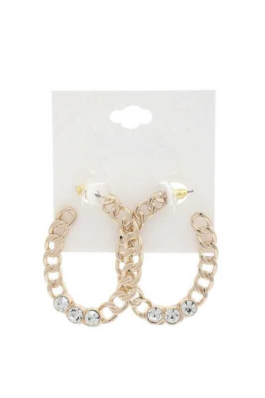 KE-4077   Cuban Link Rhinestone Oval Earrings   Gold